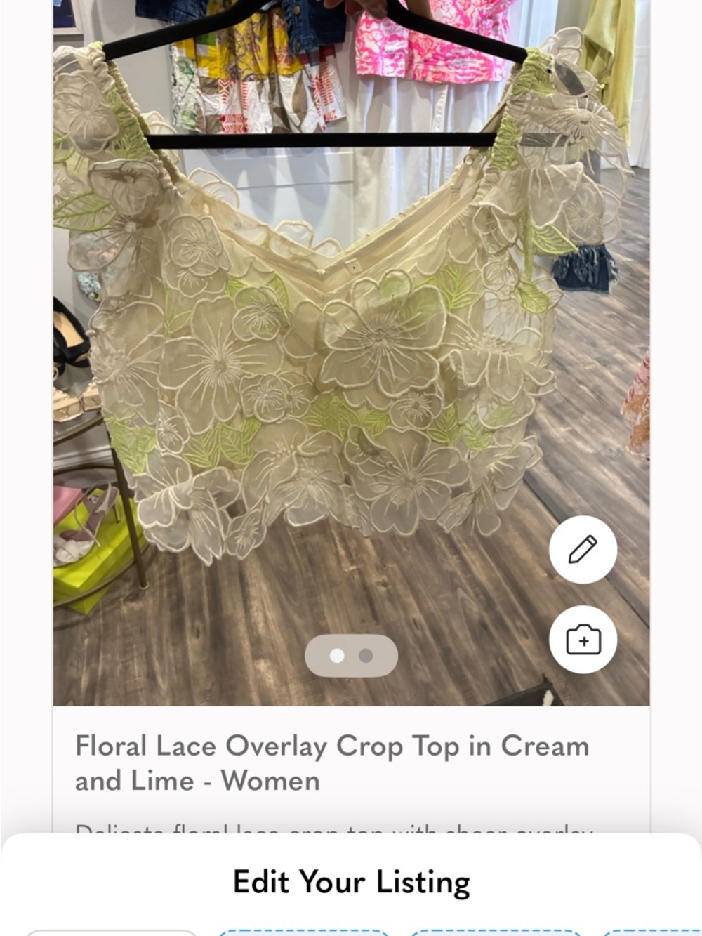 Anthropologie Sheer Floral Appliqué Crop Top in Ivory and Pale Green - Picture 3 of 3
